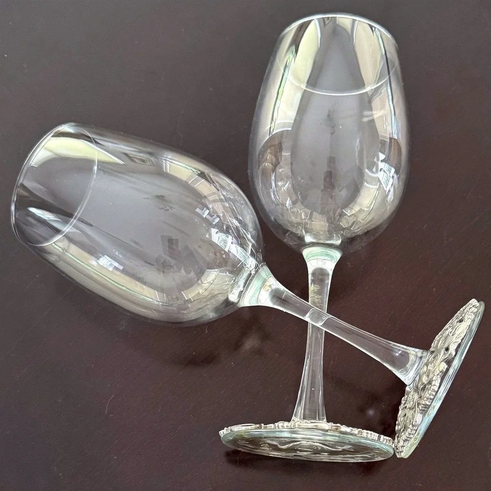 1990's Lindsay Claire Set of 2 Silver Pewter Base Wine Glasses Theater